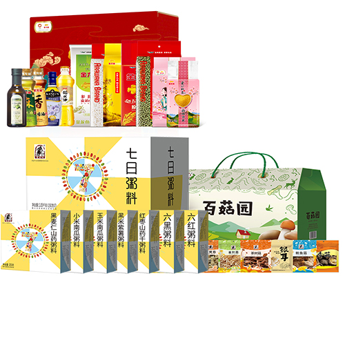 JY22ZQ08-04-金龙鱼-鸿福大礼包+塞翁福· 菌菇礼盒900g（百菇园）+塞翁福·七日粥料1050g  （150g*7盒）