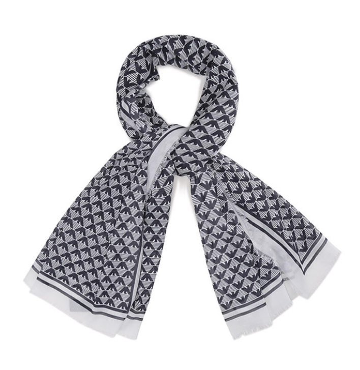 JY23ZQ20-20（阿玛尼男士棉质长方形围巾披肩深蓝色白色鹰标老花图案）