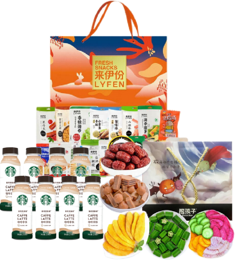 ZQ05-02（来伊份繁花锦兔零食礼盒（58包） 1358g +熊孩子-即食果蔬大礼包-A款803g+星巴克星选咖啡饮料2000g