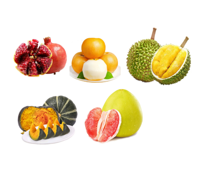 突尼斯软籽石榴 2.5kg+秋月梨 2.5kg+猫山王榴莲 2.7-3.1斤+贝贝南瓜 2.0kg+琯溪三红蜜柚  3.5kg
