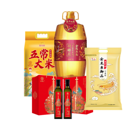 胡姬花油5L+祥云瑞鹤米5kg+御品麦芯粉5kg+纳福汇初榨橄榄油礼盒500ml*2
