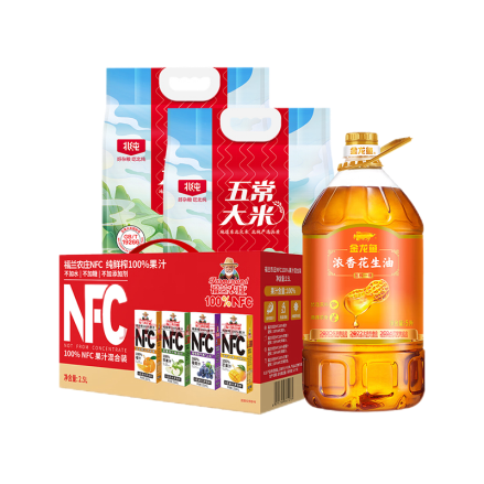 金龙鱼 压榨浓香花生油 5L+北纯 五常大米 5kg*2+福兰农庄 100％NFC果汁混合装饮料（礼盒装） 250ml/盒*10