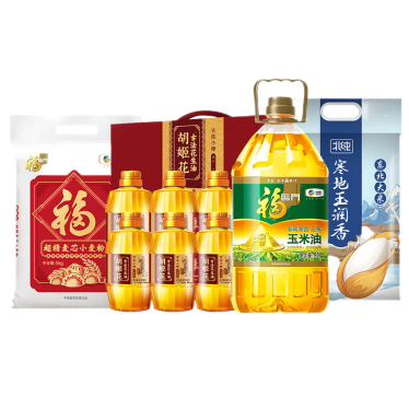 胡姬花 古法小榨花生油礼盒 400ml*6 中粮福临门 黄金产地玉米油 5L*1 北纯 寒地玉香东北大米 5kg*1 中粮福临门 超精麦芯小麦粉 5kg*1