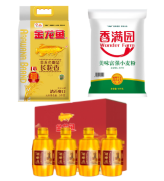 胡姬花古法小榨花生油礼盒400ml*4香满园富强粉5kg+金龙鱼御品珍珠米5kg
